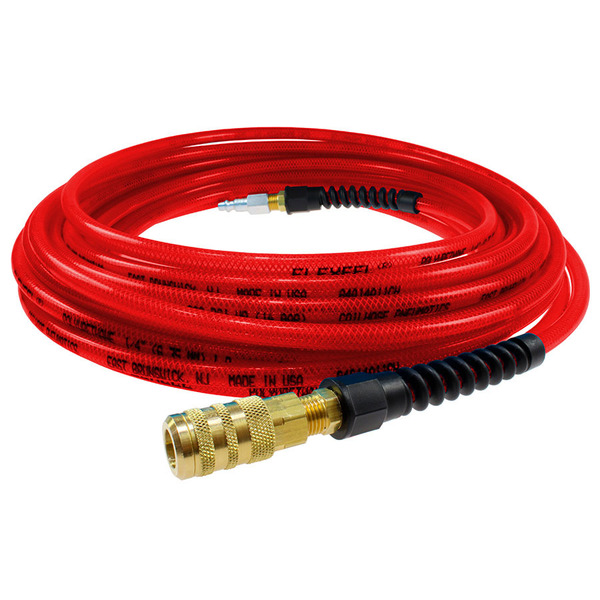 Coilhose Pneumatics Flexeel Hose 1/4" ID x 25’ 1/4" Automotive QDs w/SR Transparent Red PFE4025TRS16X